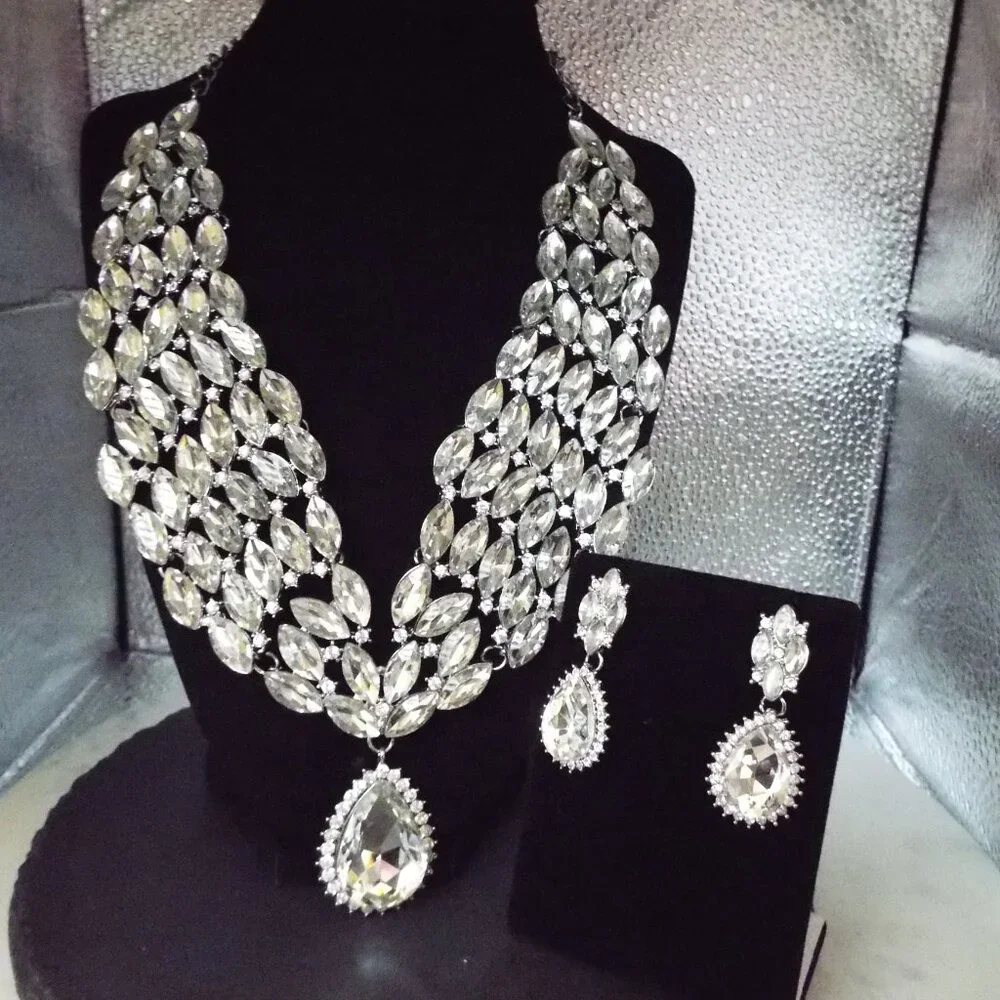 OSCAR WORTHY MASSIVE CRYSTAL MARQUISE & TEARDROP RHINESTONES NECKLACE SET B - Picture 3 of 8